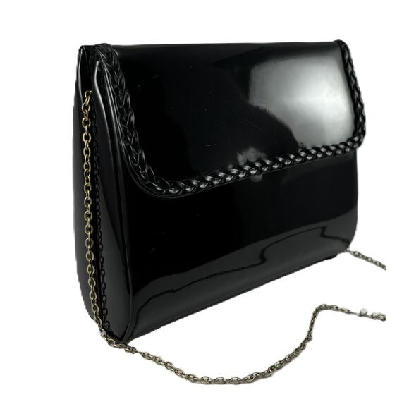 Vintage Midcentury Ande Handbag Black Clutch Purse Patent Leather with Chain - Picture 1 of 16
